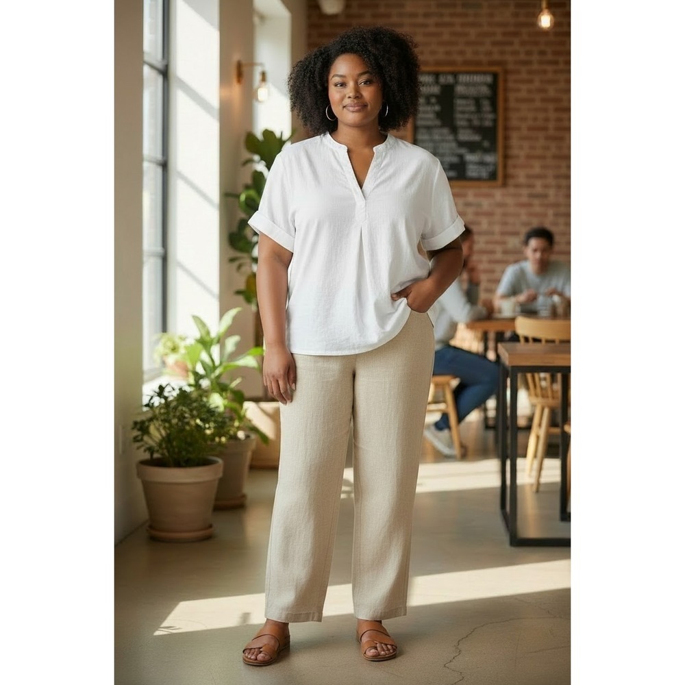 St Johns Bay Linen Blend Short Sleeve Boxy Hi Low Blouse Lagenlook White XXL